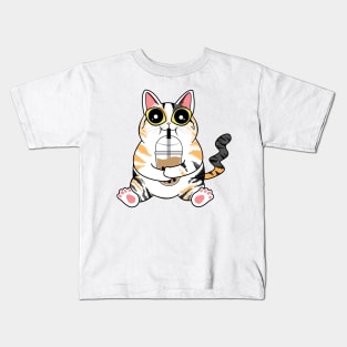 Boba Drinking Cat | Calico Cat Kids T-Shirt